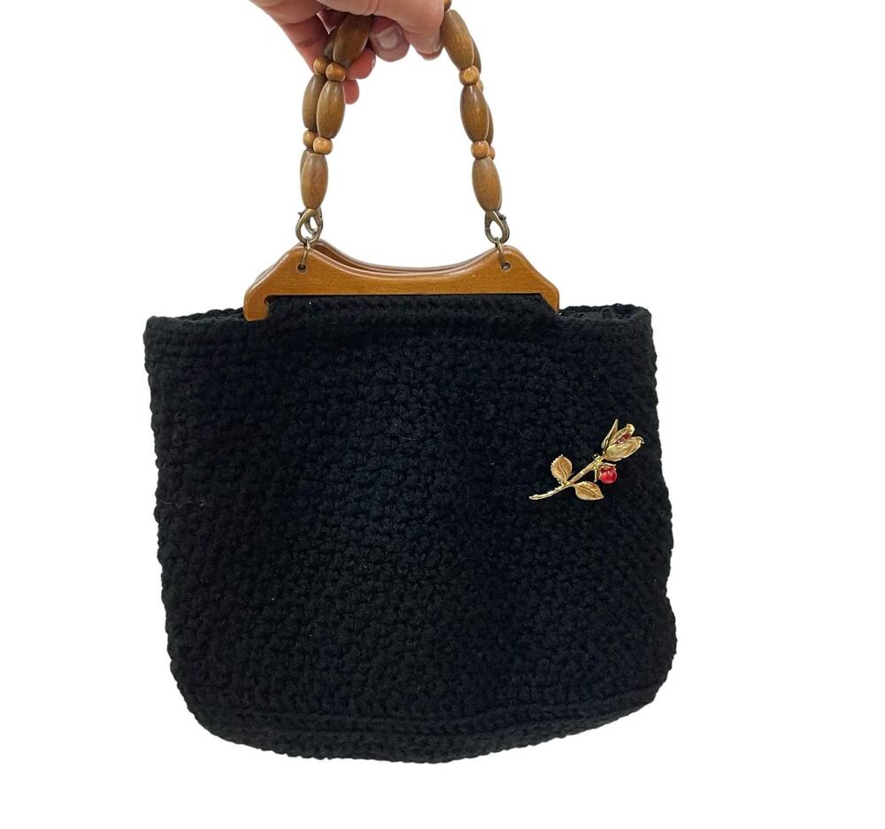 Vintage 60s 70s Black Crochet Knit Wood Bead Handle Flower Brooch Handbag Purse